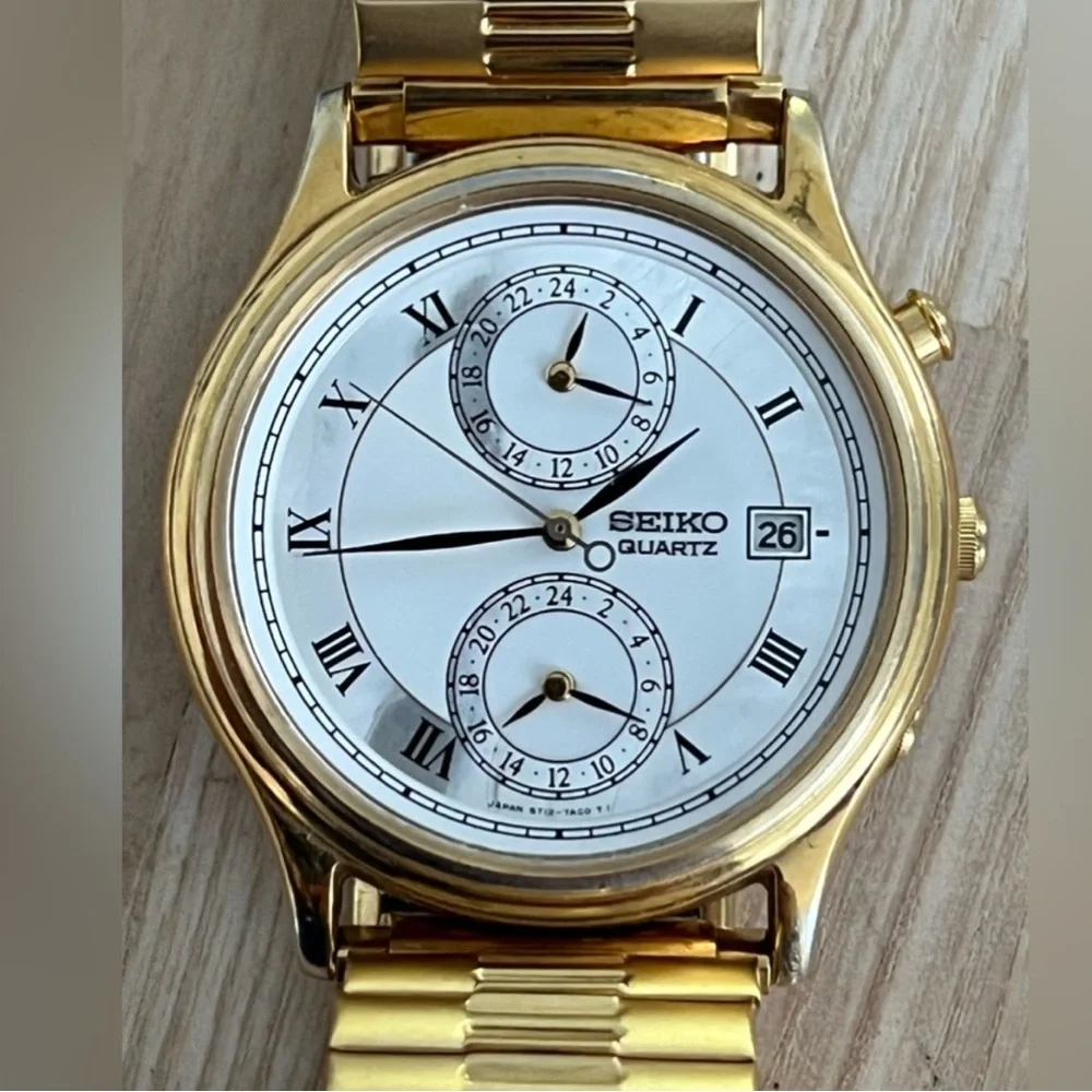 Seiko Ultra Rare 3-Time Zone Vintage Men’s Watch White Pearl Dial Date & Works